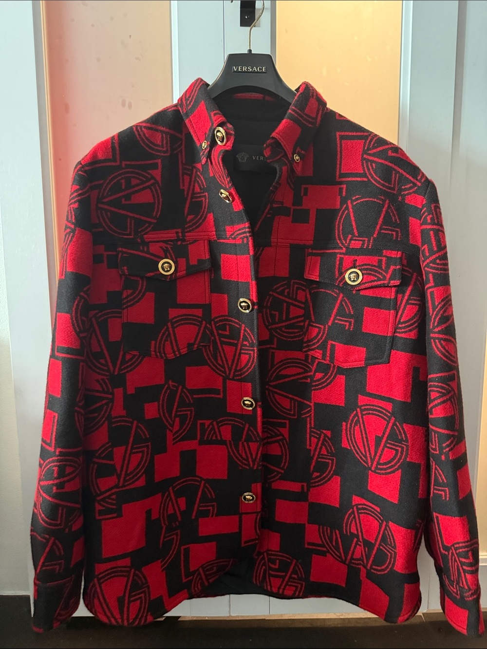 Versace Red and Black Logo Pattern Shirt Jacket